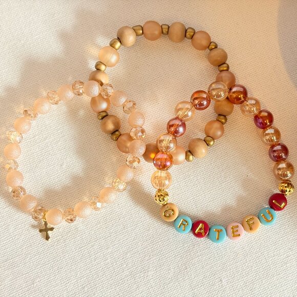 Handmade Beaded Bracelet Set – Word Bracelet, Gold & Nude Neutral Stack - Picture 2 of 6